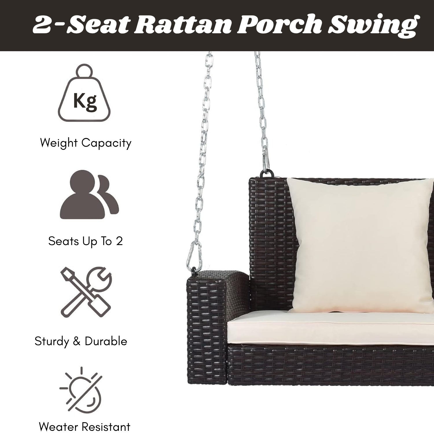 Dark Brown Rattan Wicker Two Seater Sofa Swing