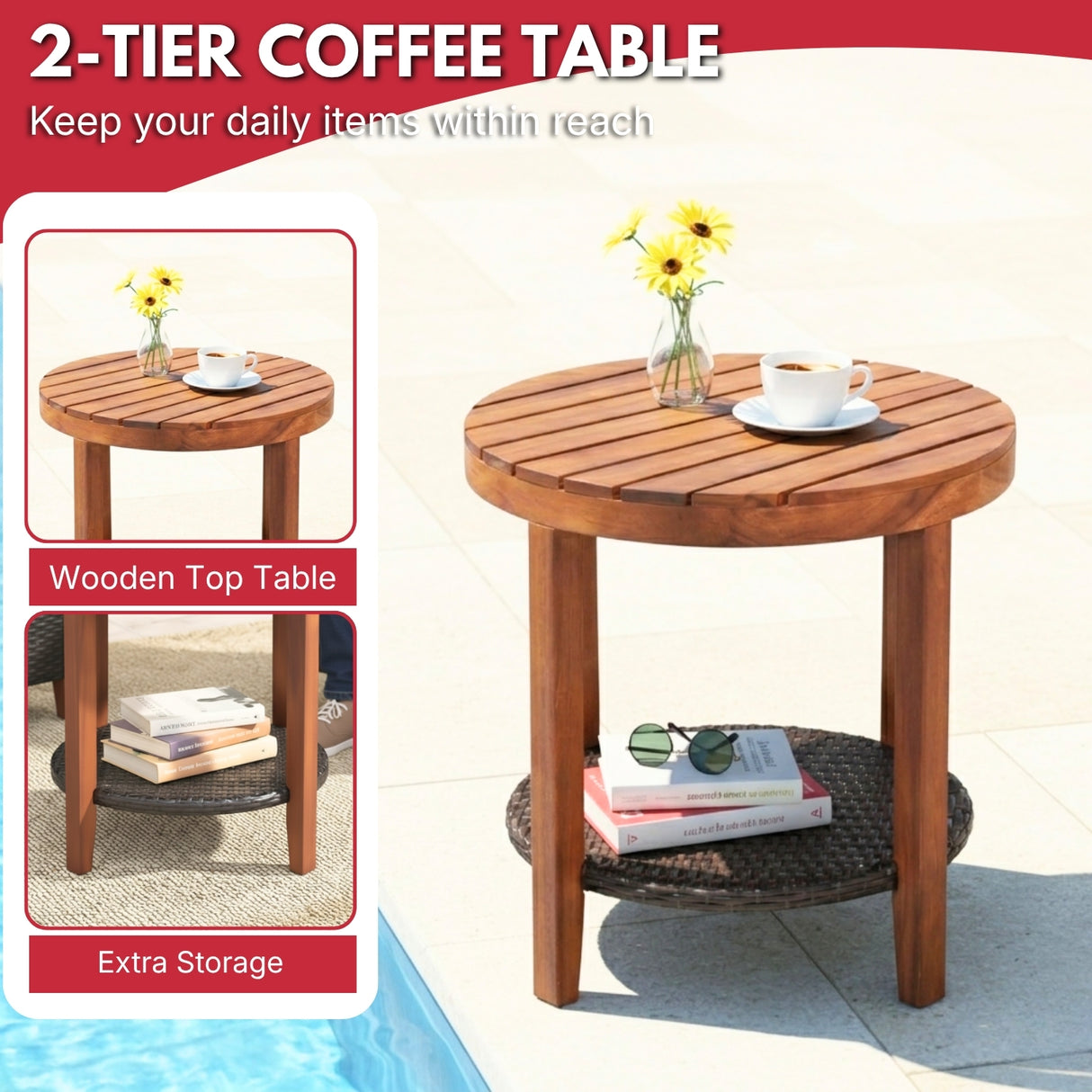 3-Piece Outdoor Wicker Patio Conversation Set (Dark Brown & Red)