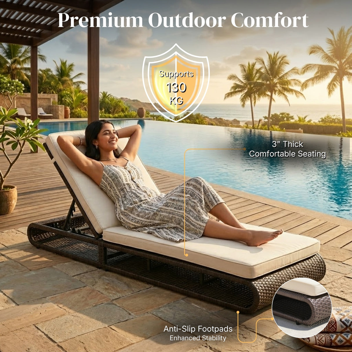 Outdoor Rattan Wicker Single Lounger Chair (Dark Brown & Cream)