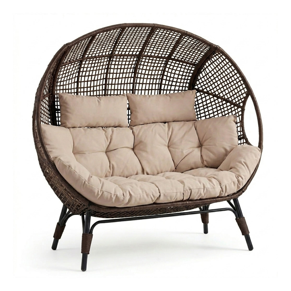 Outdoor Rattan Wicker Double Seater Egg Chair (Dark Brown & Cream)