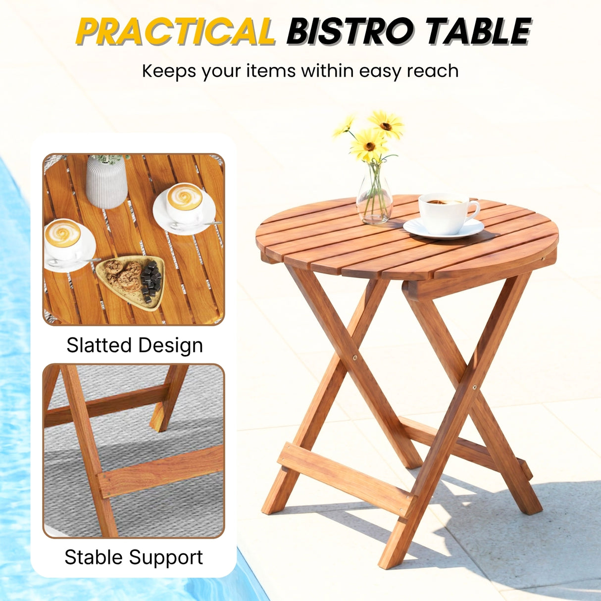 Acacia Wood Foldable Outdoor Bistro Set – 2 Chairs & Round Table