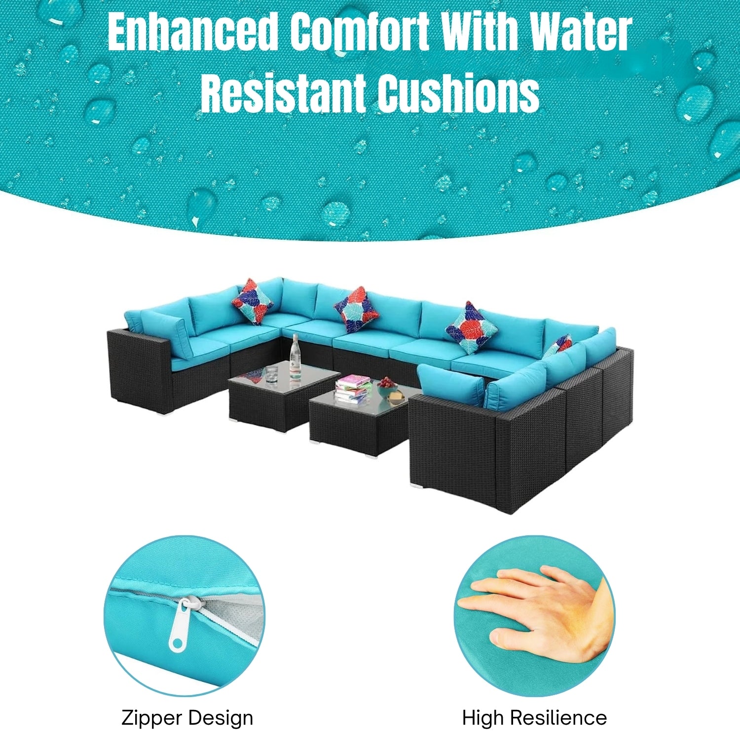 6-Piece Outdoor Wicker Sofa Set (Black/Sky-Blue)