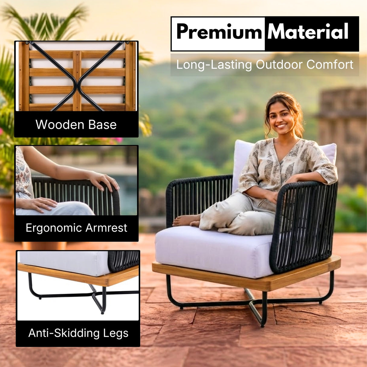 Outdoor Rope Sofa Set with Wooden Base & Teak Finish Coffee Table (Black & Off-White)