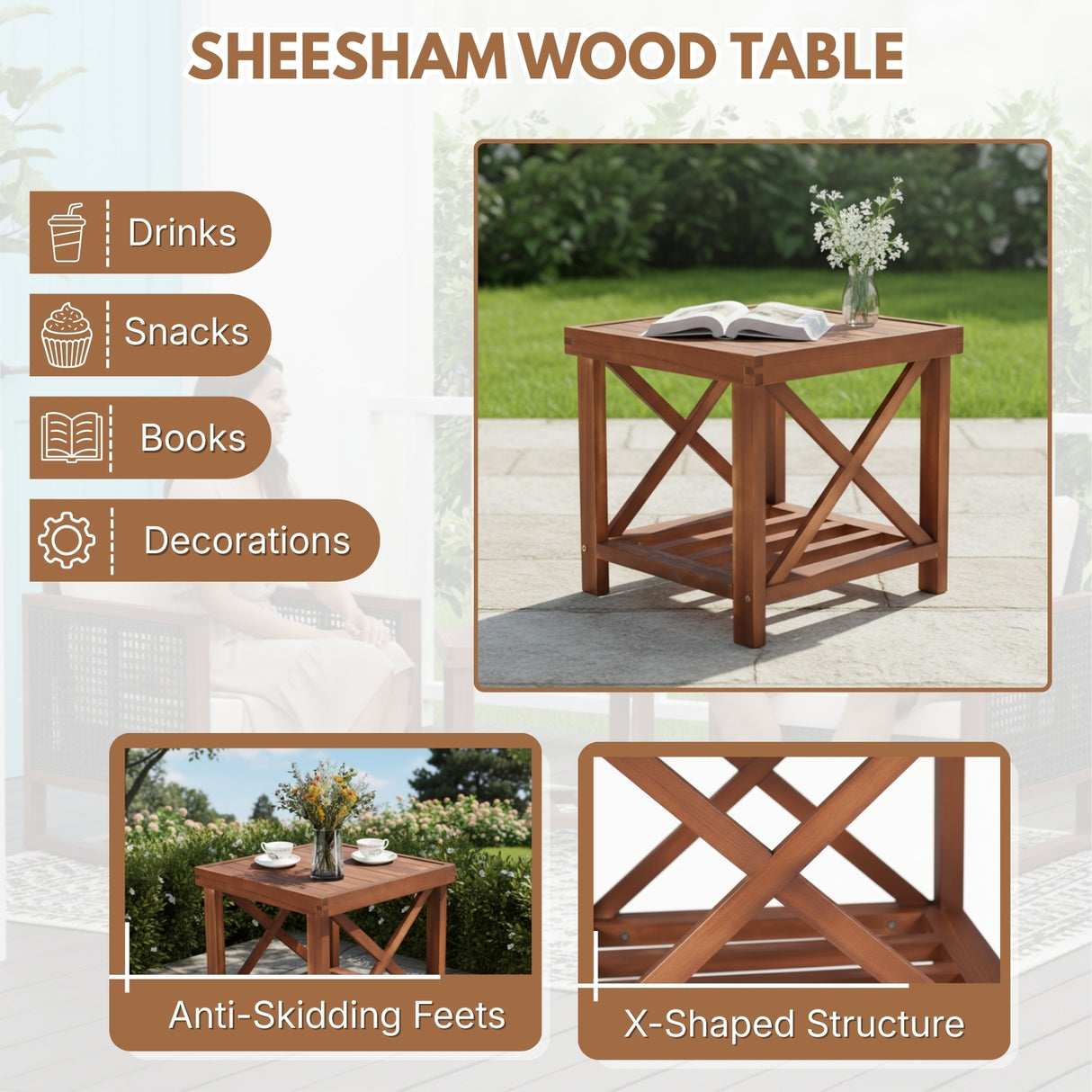 Outdoor Wicker 3-Piece Patio Furniture Set with Solid Wooden Frames (Dark Brown & White)