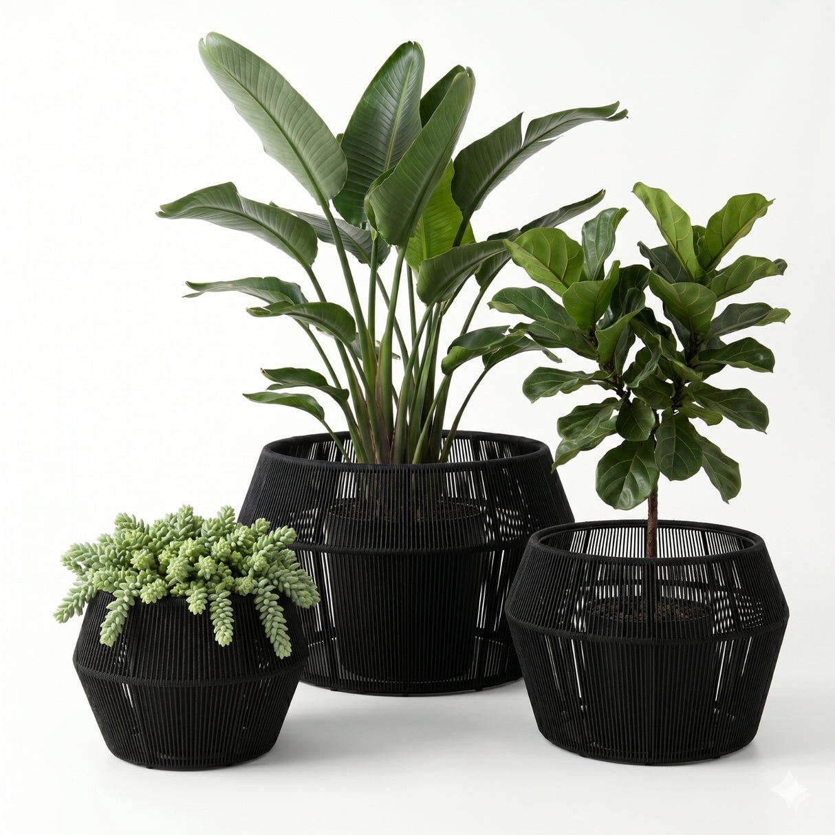 Outdoor 3-Piece Round Rope Planters (Black)