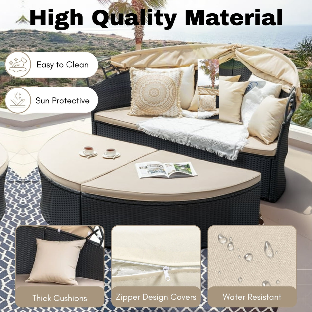 Outdoor Round Canopy Daybed Wicker Patio Furniture Set with Cushions