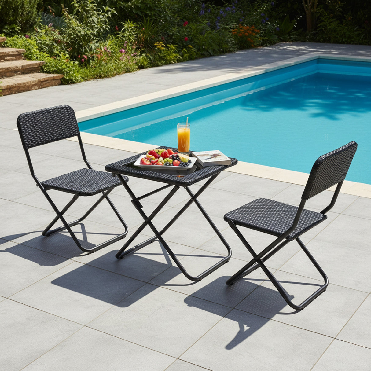 3-Piece Outdoor Wicker Folding Patio Set (Black)
