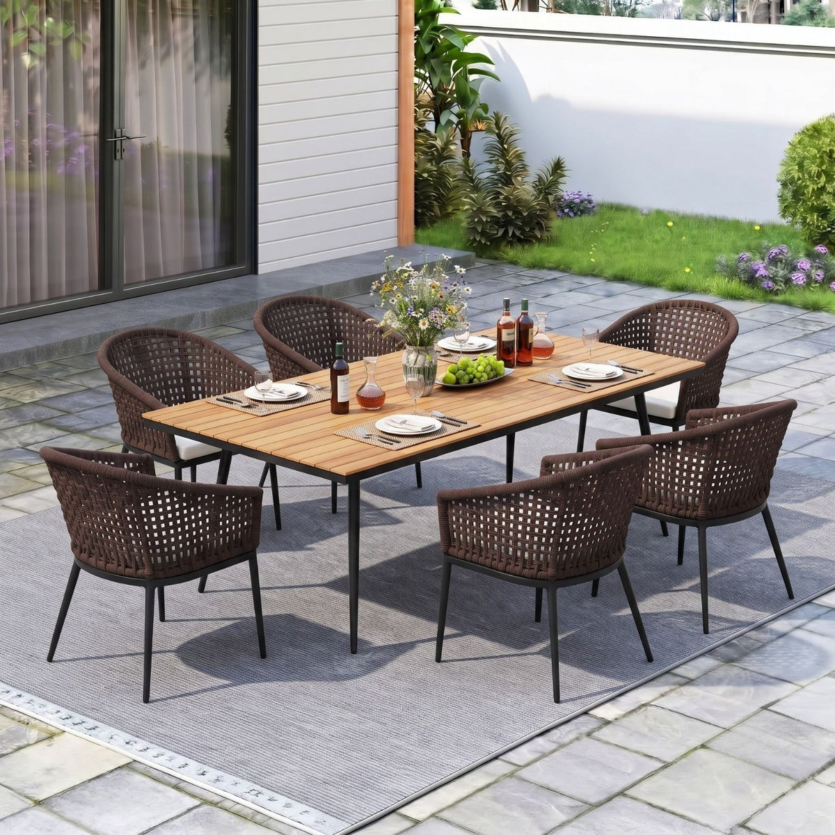 7-Piece Outdoor Patio Dining Set With Wooden Tabletop
