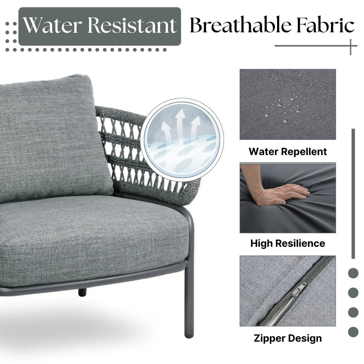 Outdoor Rope 4-Piece Patio Sofa Set with Glass Top Table (Grey)