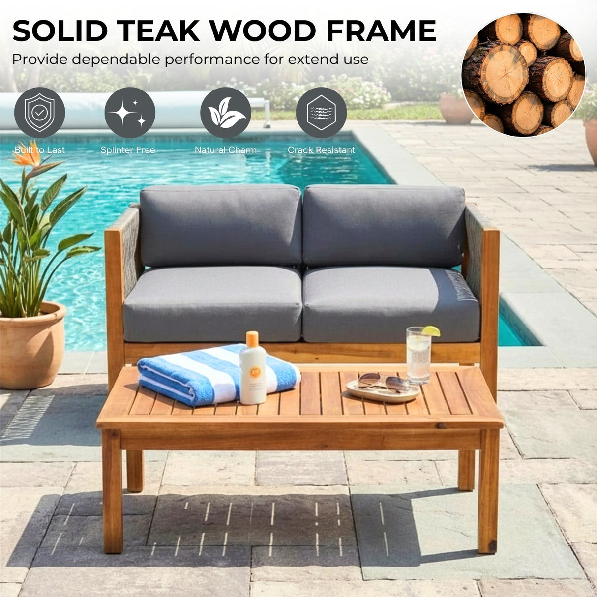 Outdoor Rope 2 Seater Sofa Set with Wooden Center Table