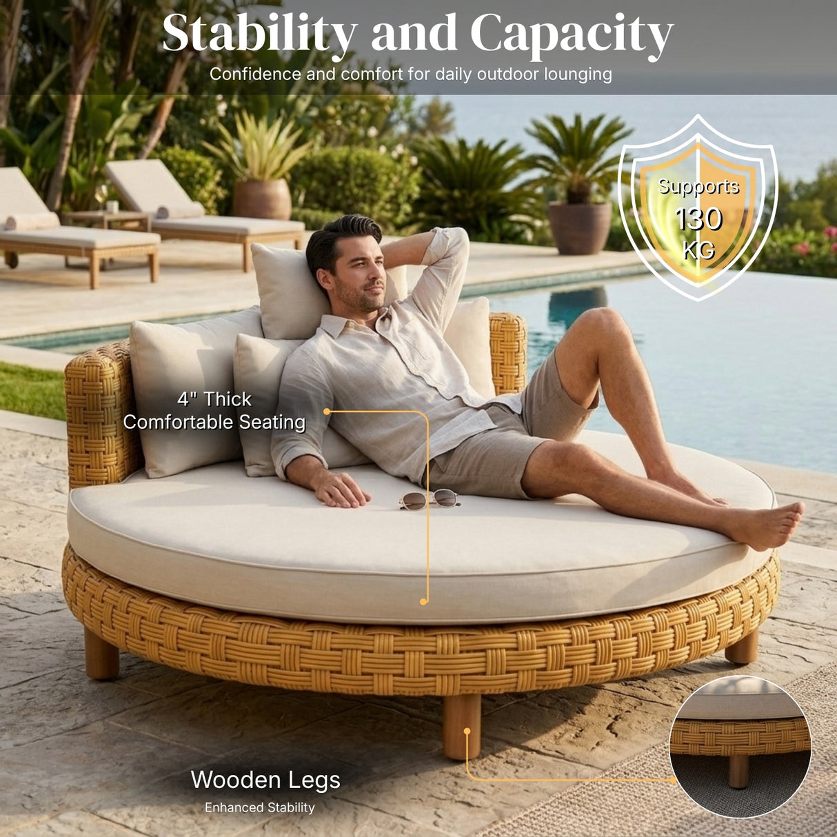 Outdoor All-Weather Rattan Wicker Round Daybed (Beige & Off-White)