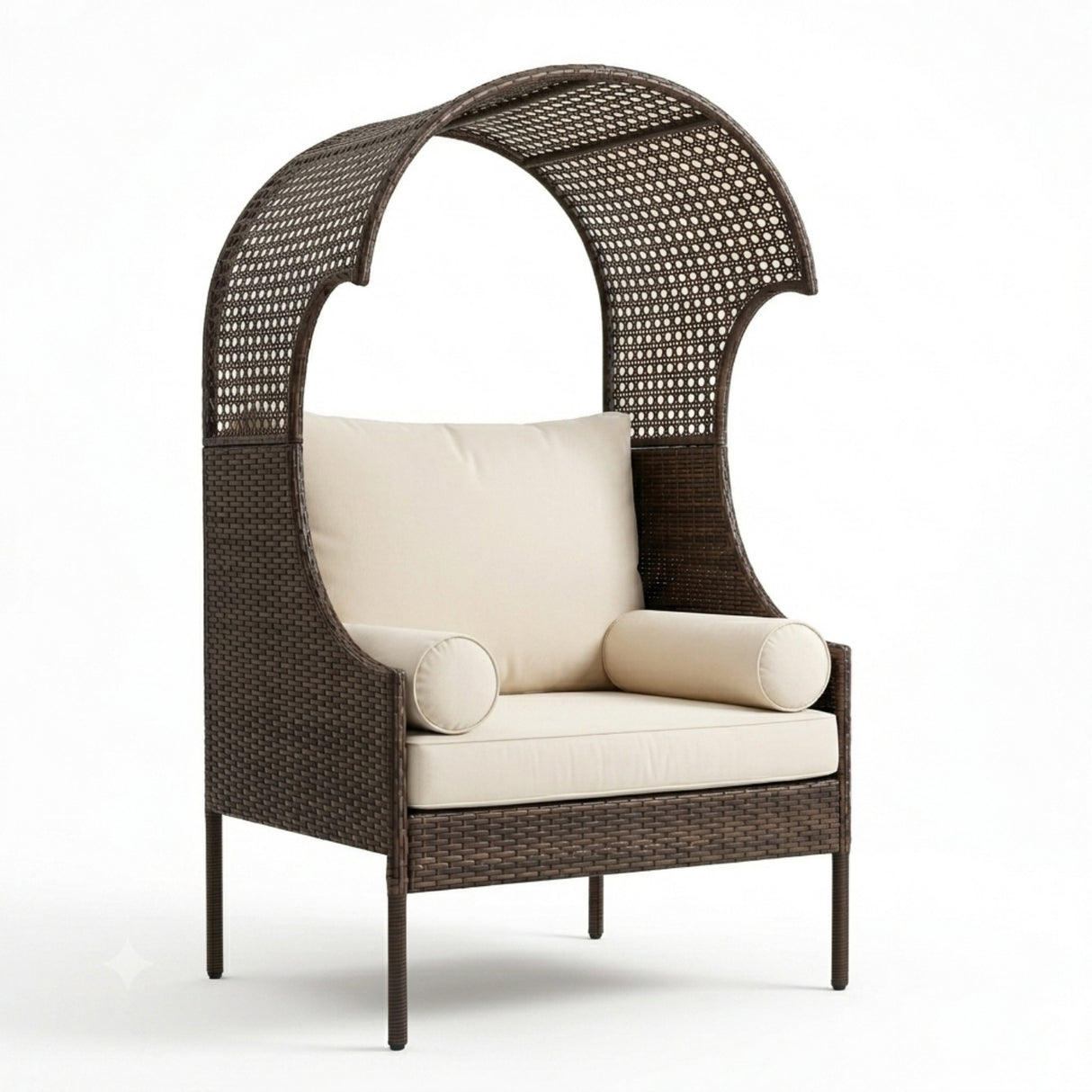 Outdoor Wicker Canopy Egg Chair with Cushions (Dark Brown & Cream)