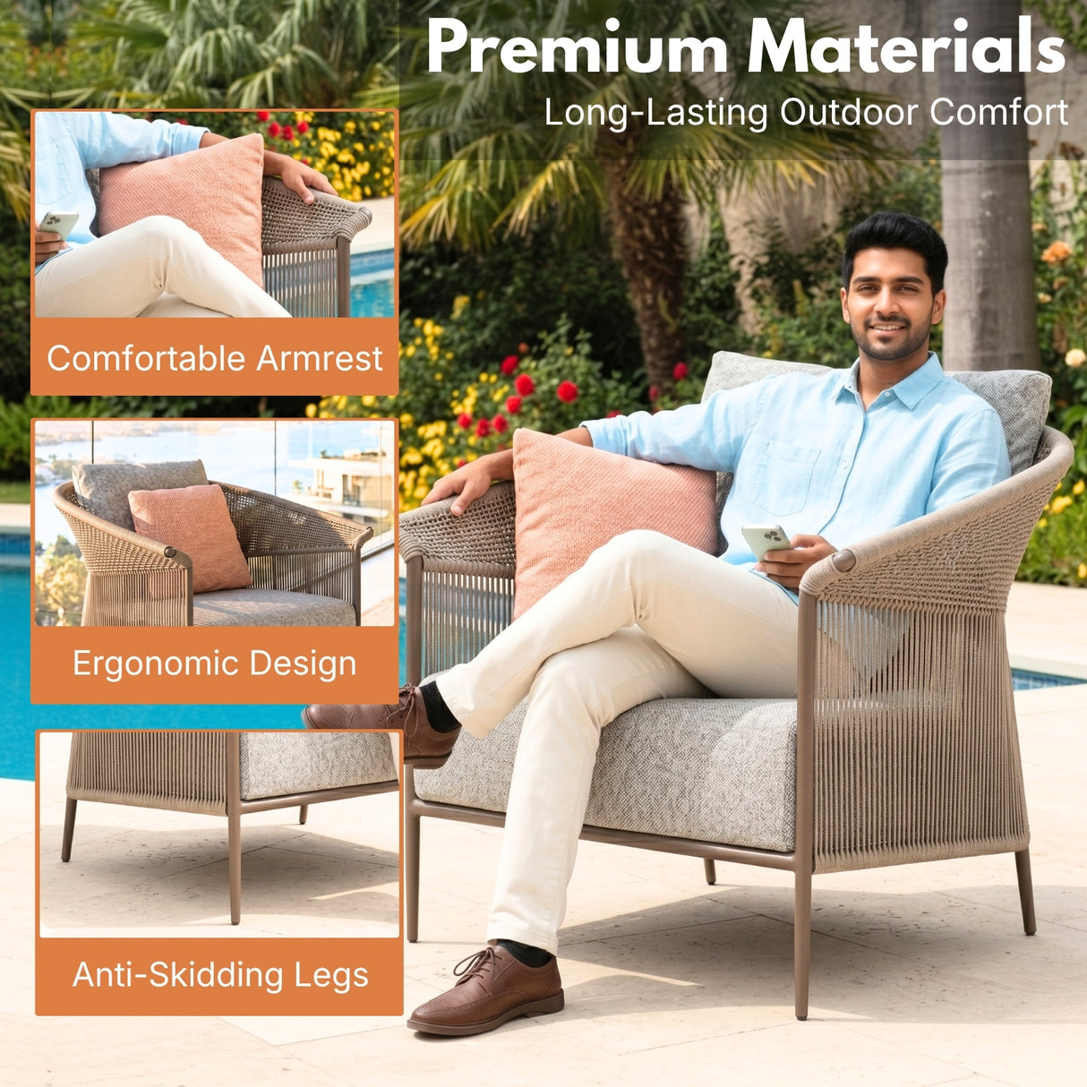 Outdoor Rope Patio Sofa Set with Cushions & Wooden Top Tables
