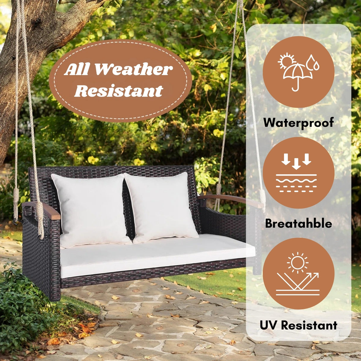 Outdoor Dark Brown Rattan Wicker Two Seater Sofa Swing