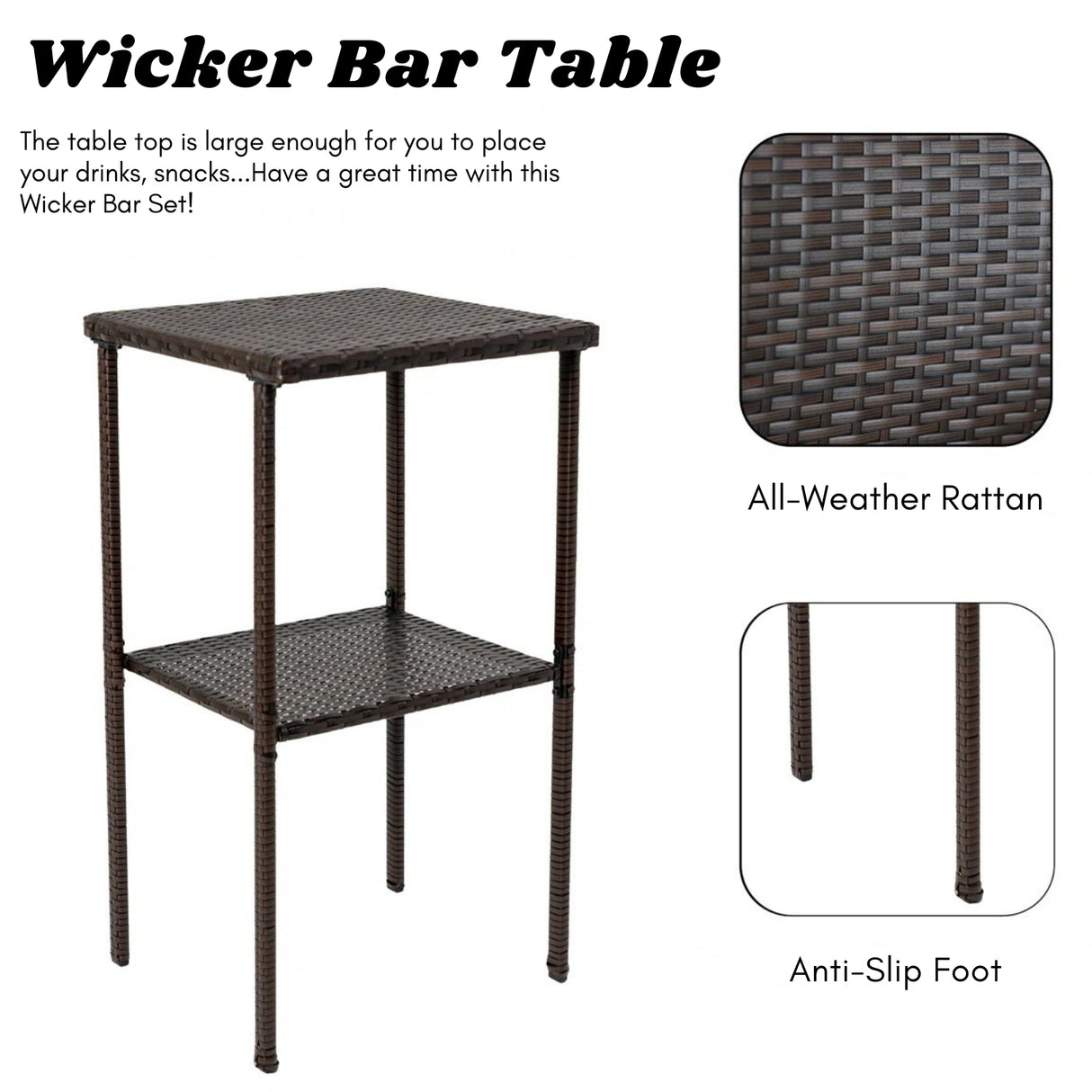 Outdoor Rattan Wicker Bar Set With 2-Tier Table