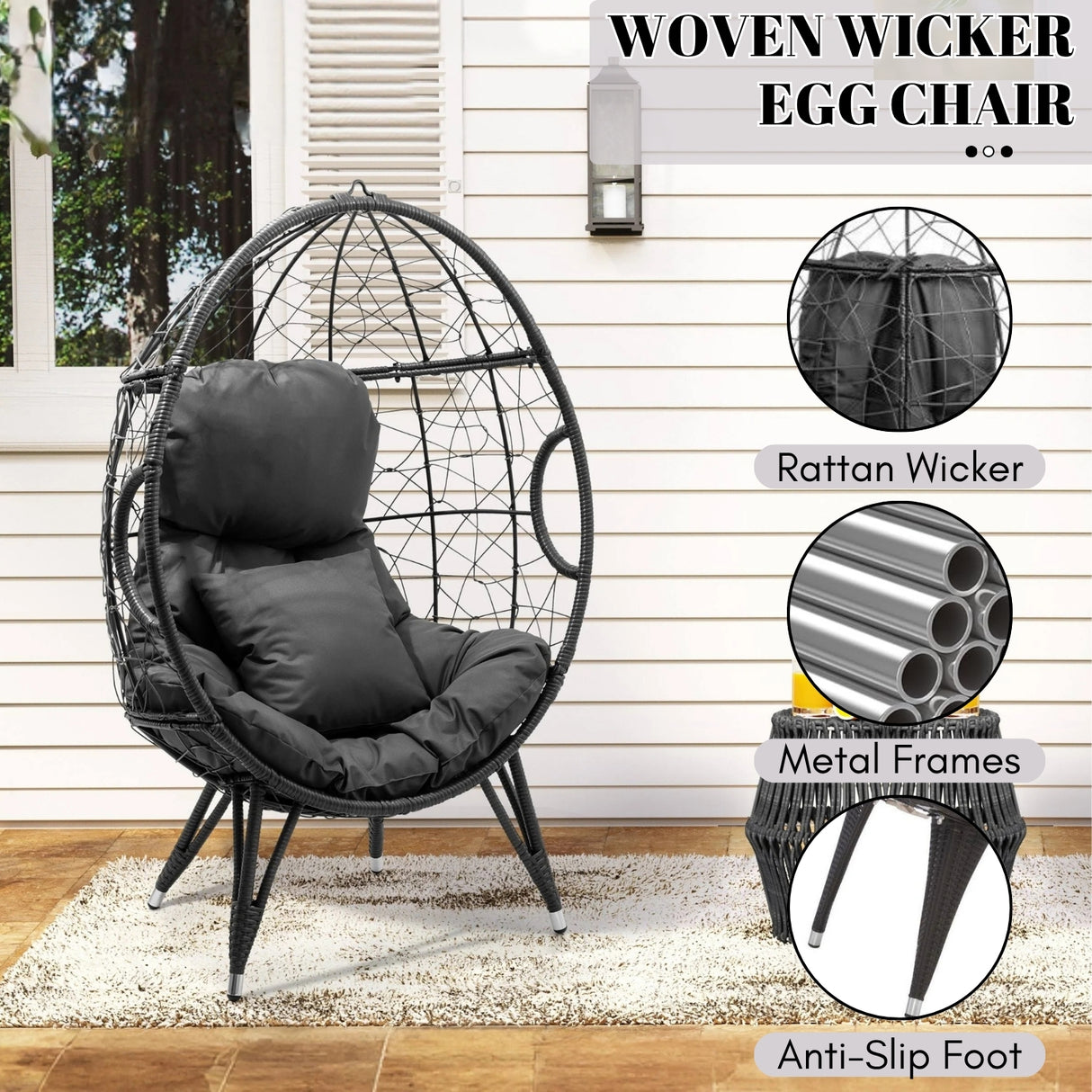 Outdoor All-Weather Wicker Egg Chair (Black)