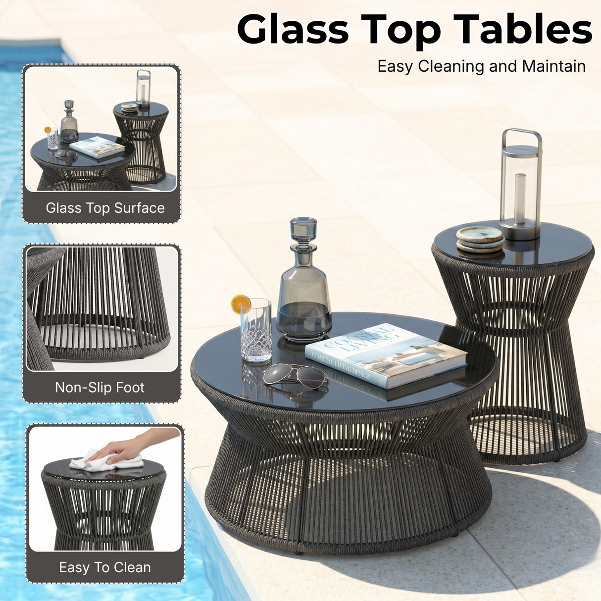 Outdoor Rope L-Shape Sofa Set with Center & Side Table (Grey)
