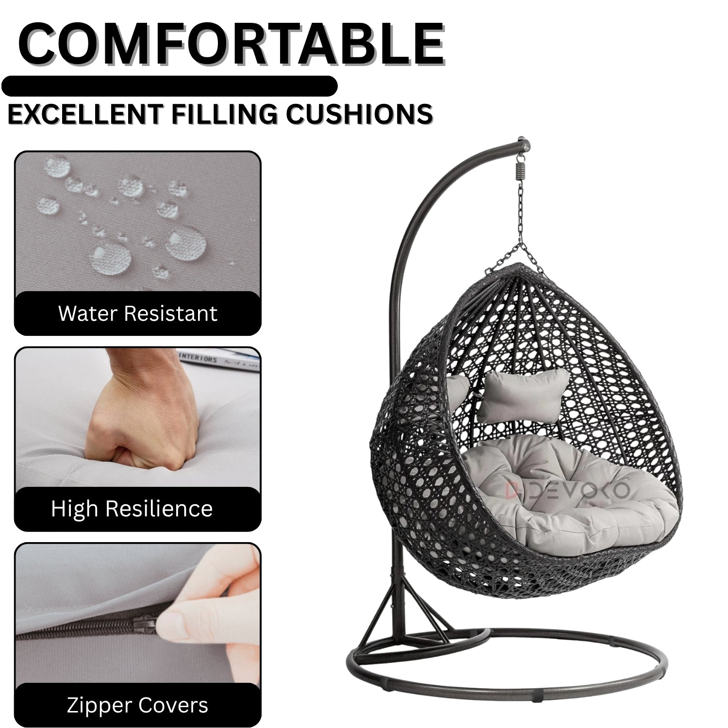 Double Seater Rattan & Wicker Swing (Black & Grey)