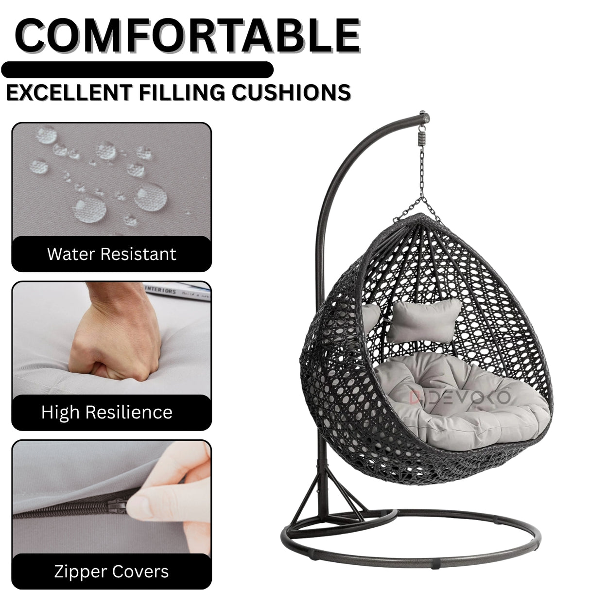 Double Seater Rattan & Wicker Swing (Black & Grey)