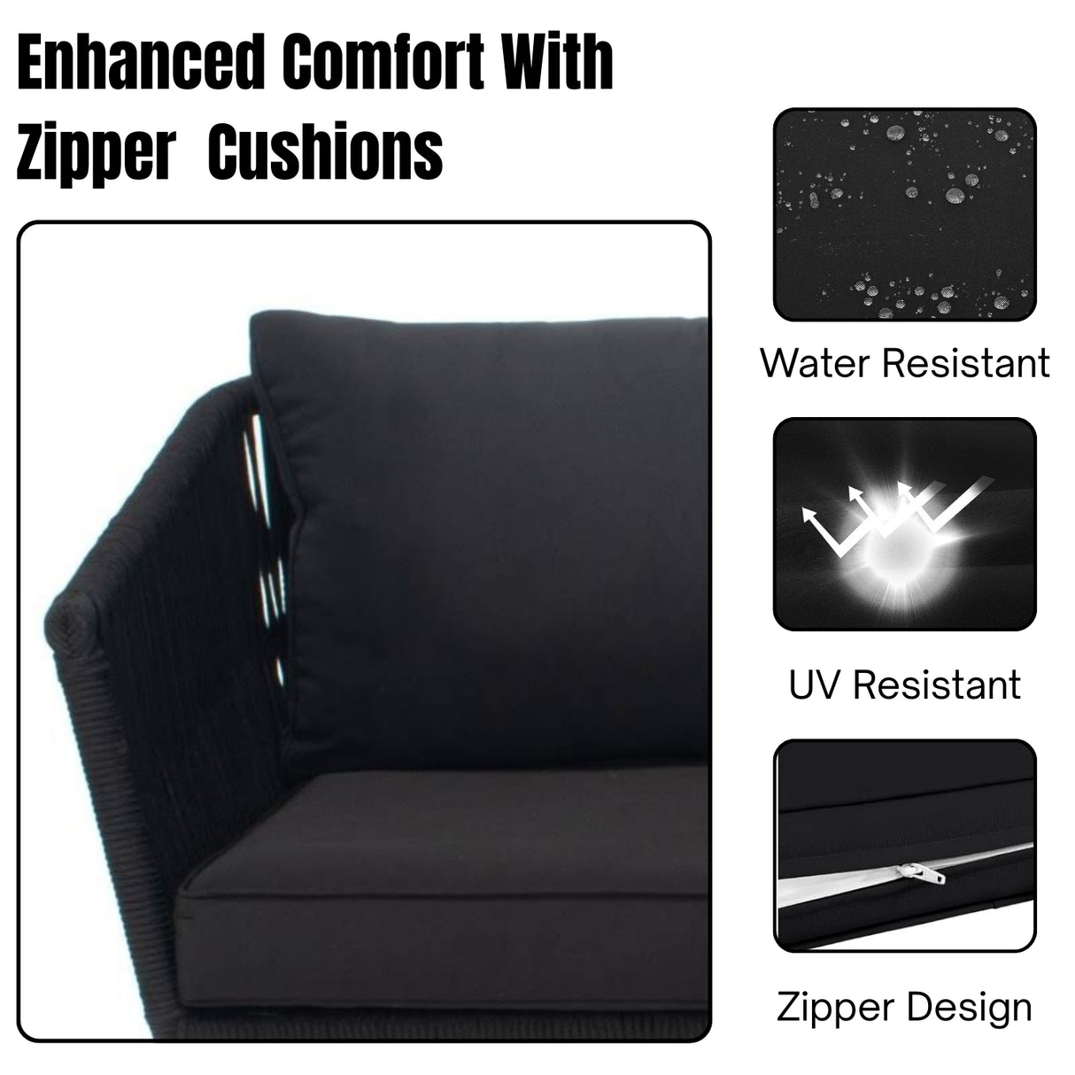 Outdoor Black Rope L-Shape All Weather Sectional Sofa Set