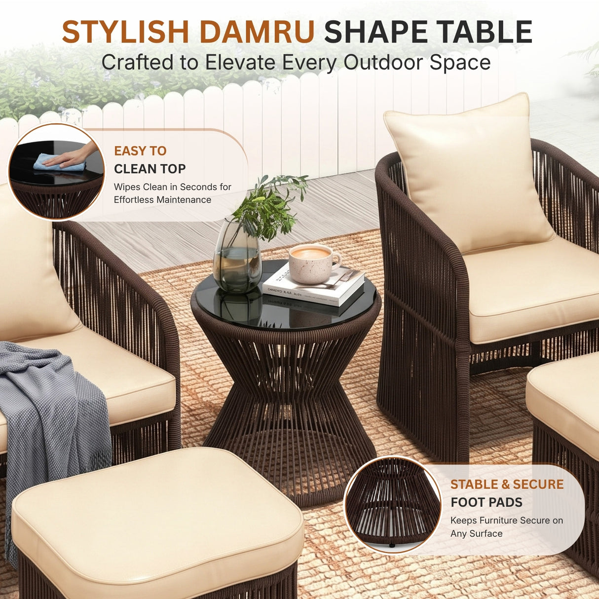 Outdoor 5 Piece Rope Patio Chair Ottoman Set (Brown & Cream)