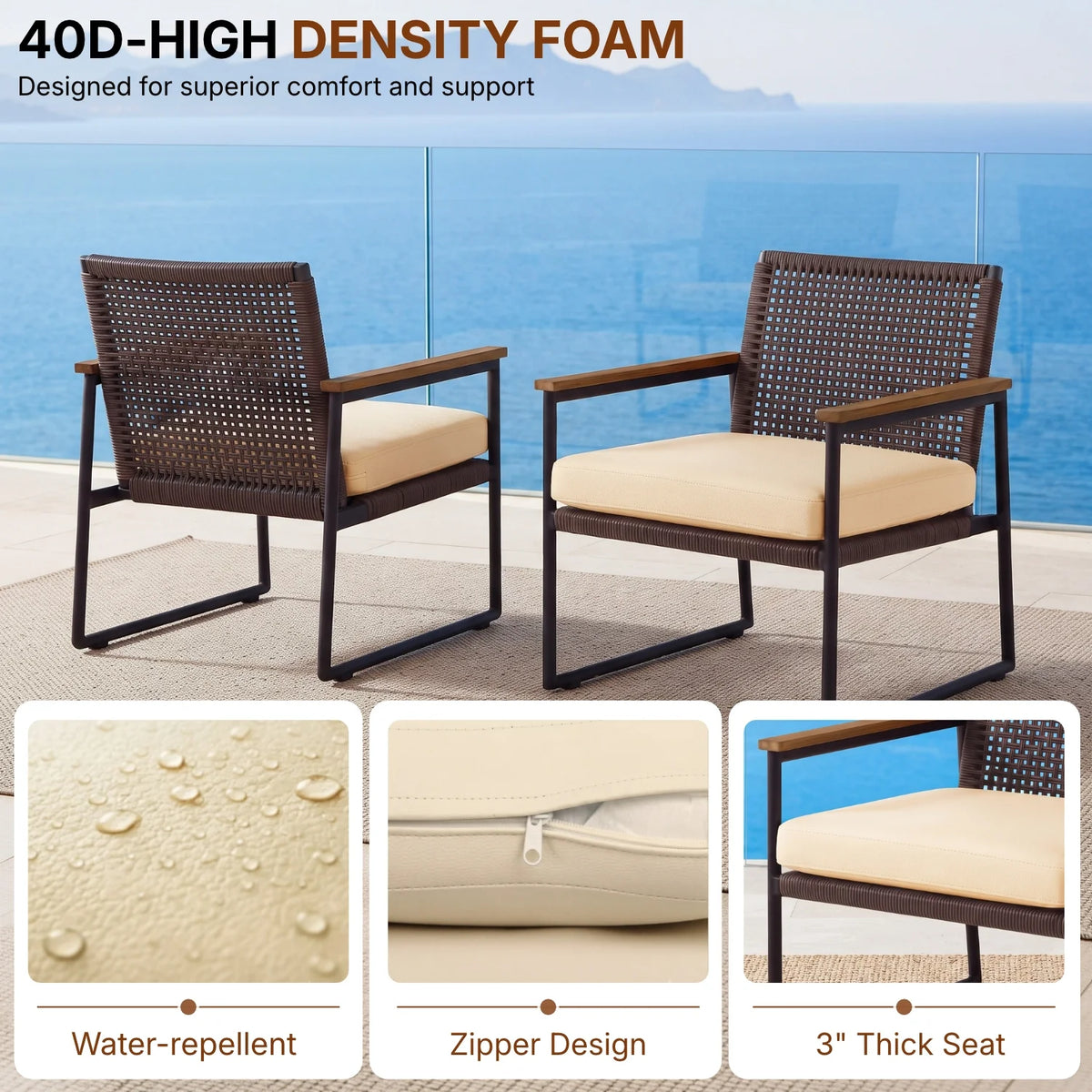 Outdoor 3-Piece Wicker Patio Set(Dark Brown & Cream)