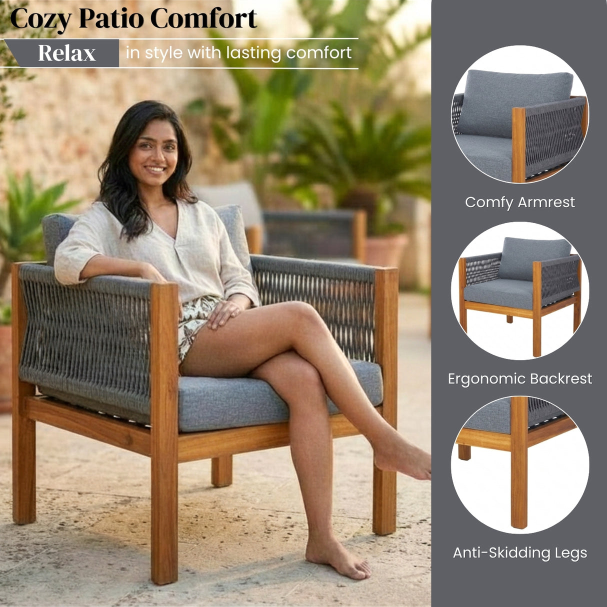 Outdoor Rope Sofa Set with Teak Wood Frame (Grey)