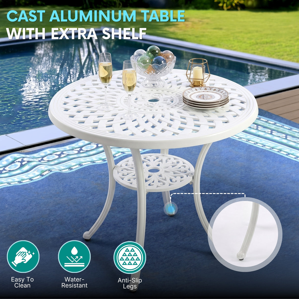 3-Seater Outdoor Cast Aluminum Bistro Set with Round Table (White)