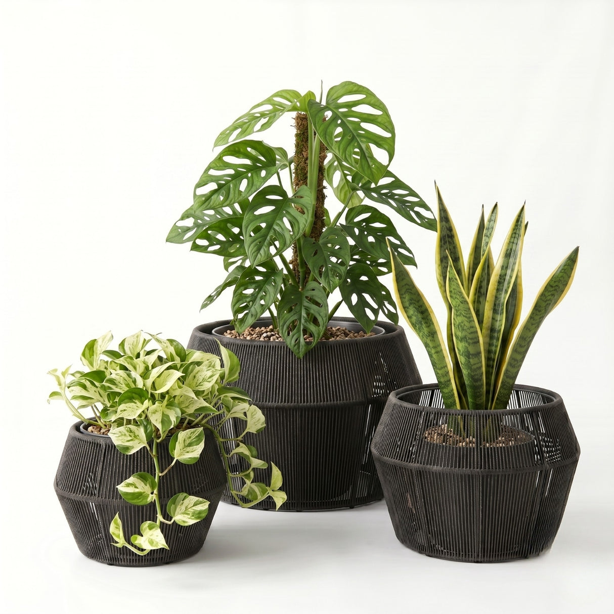 Outdoor 3-Piece Round Rope Planters (Grey)