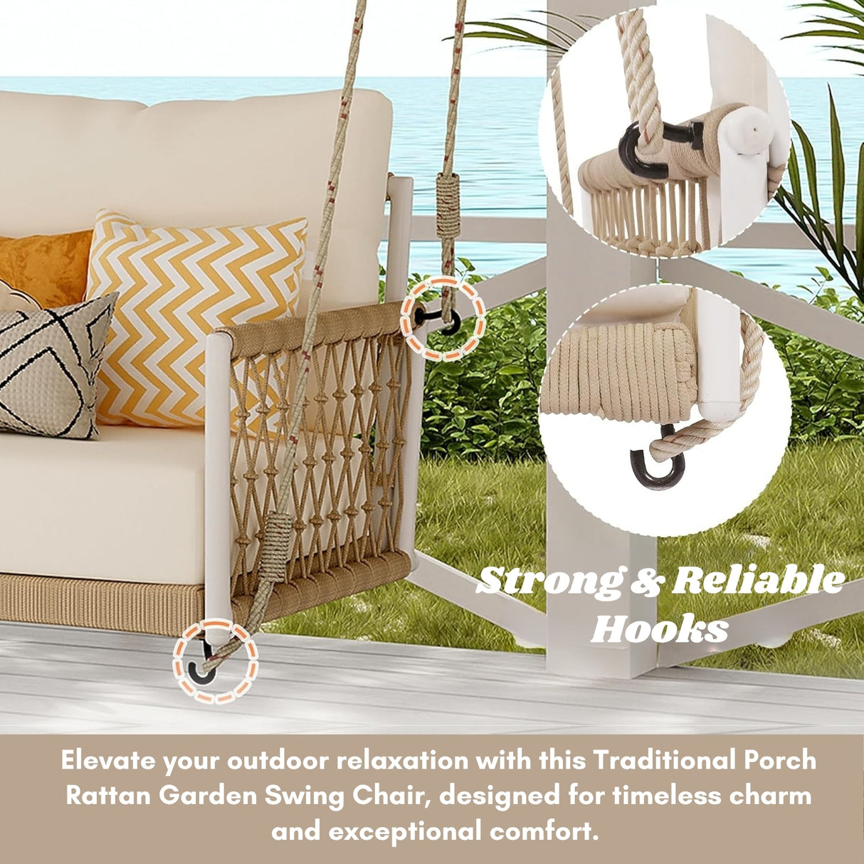 Outdoor Rope Swing 2-Person Hanging Chair, Weatherproof Porch Swing