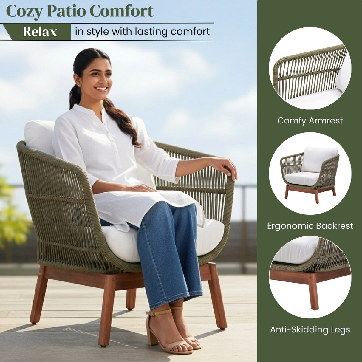 Outdoor Rope 4-Piece Patio Sofa Set with Wooden Legs & Coffee Table