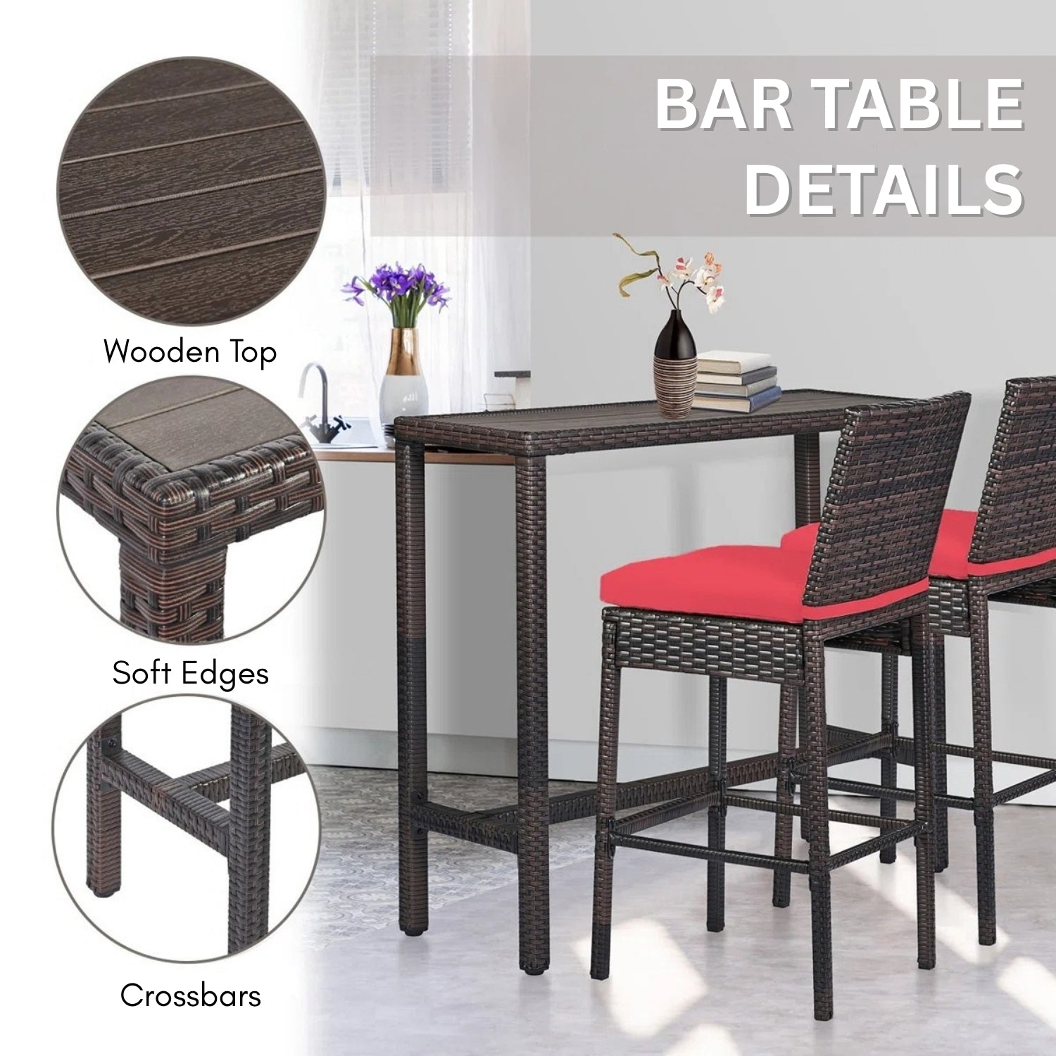 All-Weather Rattan Wicker Bar Set with High-Top Outdoor Table & Chairs