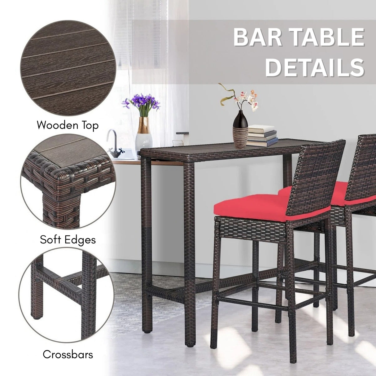 All-Weather Rattan Wicker Bar Set with High-Top Outdoor Table & Chairs