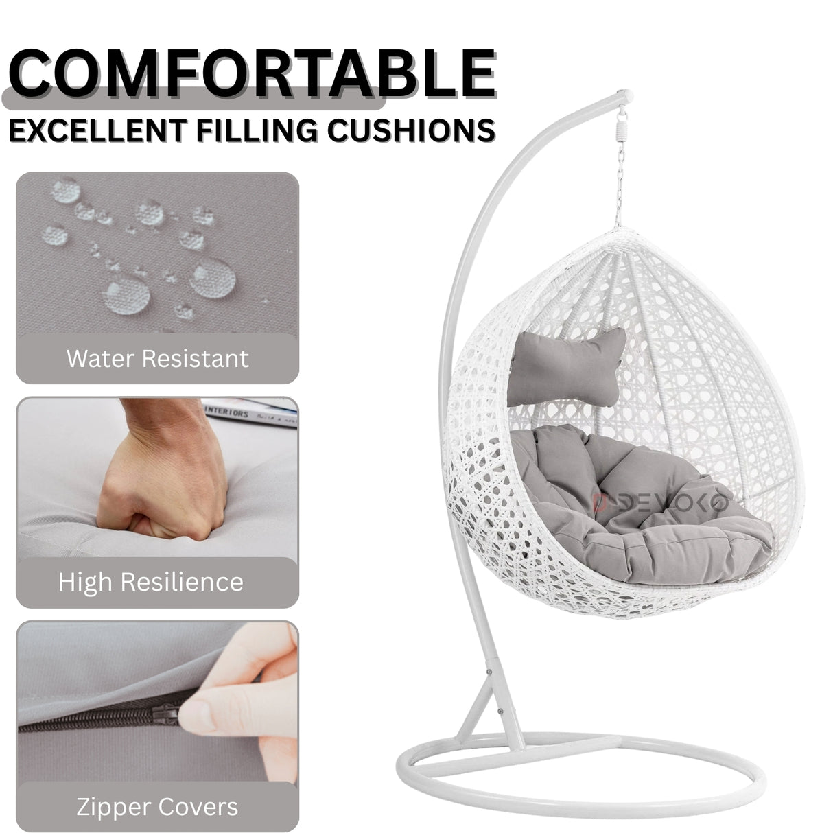 Single Seater Rattan & Wicker Swing (White & Grey)