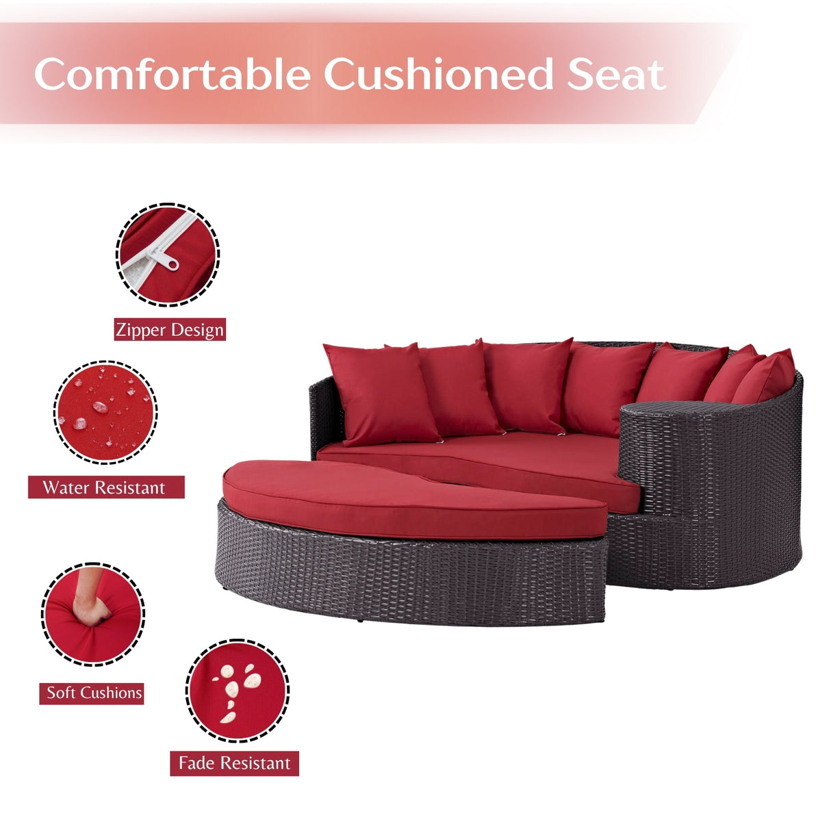 Outdoor Rattan Wicker Daybed (Dark Brown & Red)