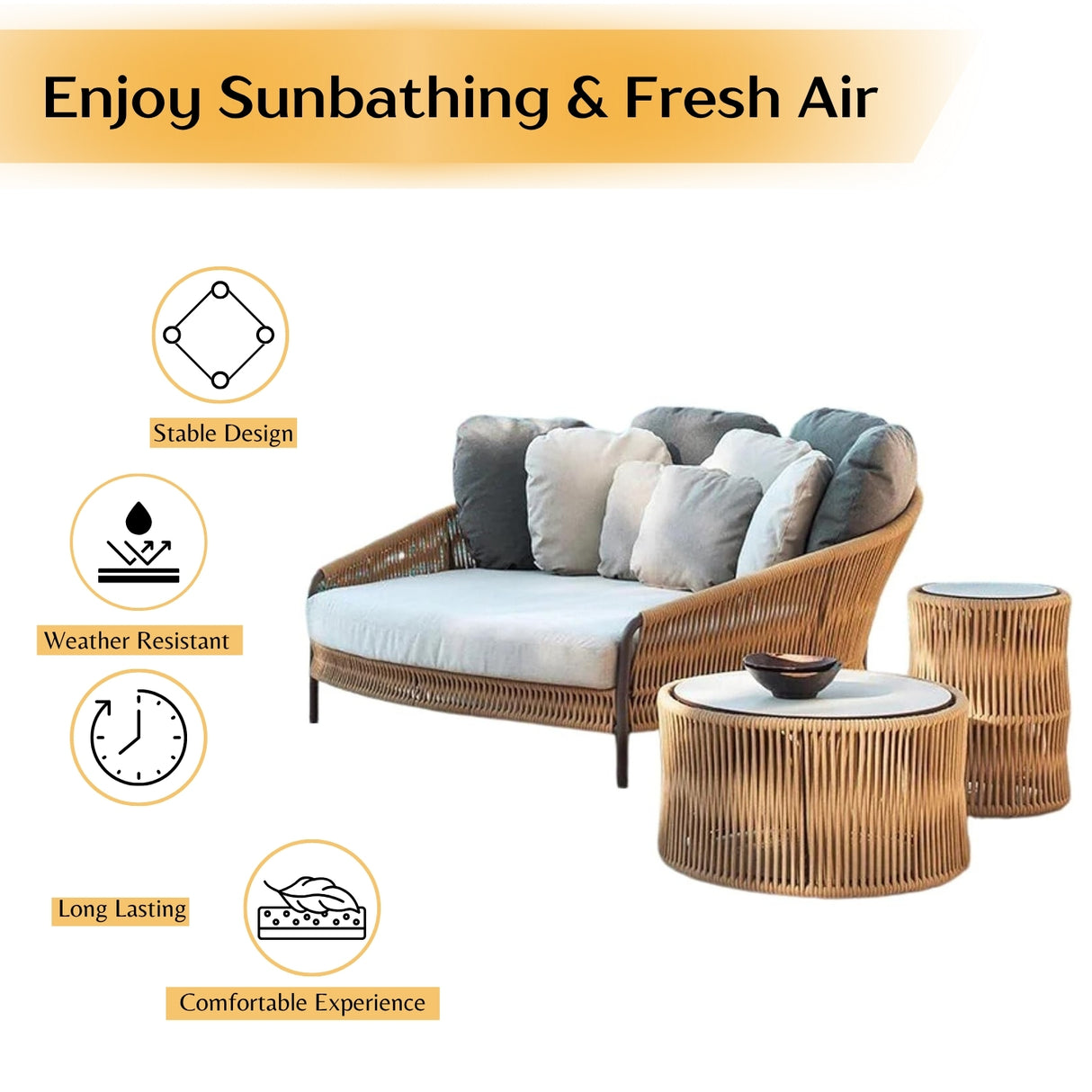 Outdoor Patio Rope Daybed With Center and Side Tables