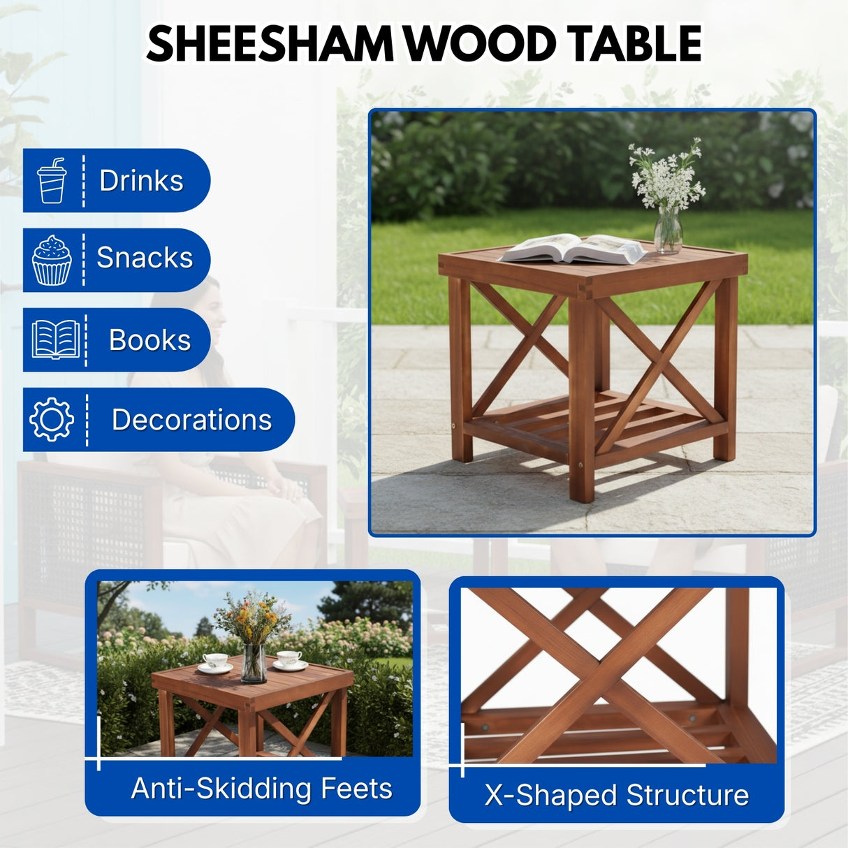 Outdoor Wicker 3-Piece Patio Furniture Set with Solid Wooden Frames (Dark Brown & Blue)