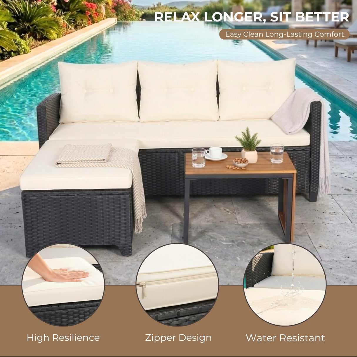 Outdoor Wicker L-Shape Sofa Set with Ottoman & Convertible Wooden Coffee Table