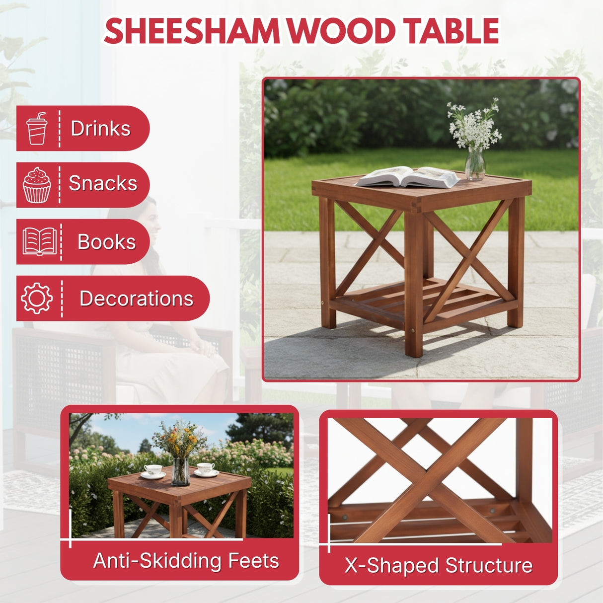 Outdoor Wicker 3-Piece Patio Furniture Set with Solid Wooden Frames (Dark Brown & Red)