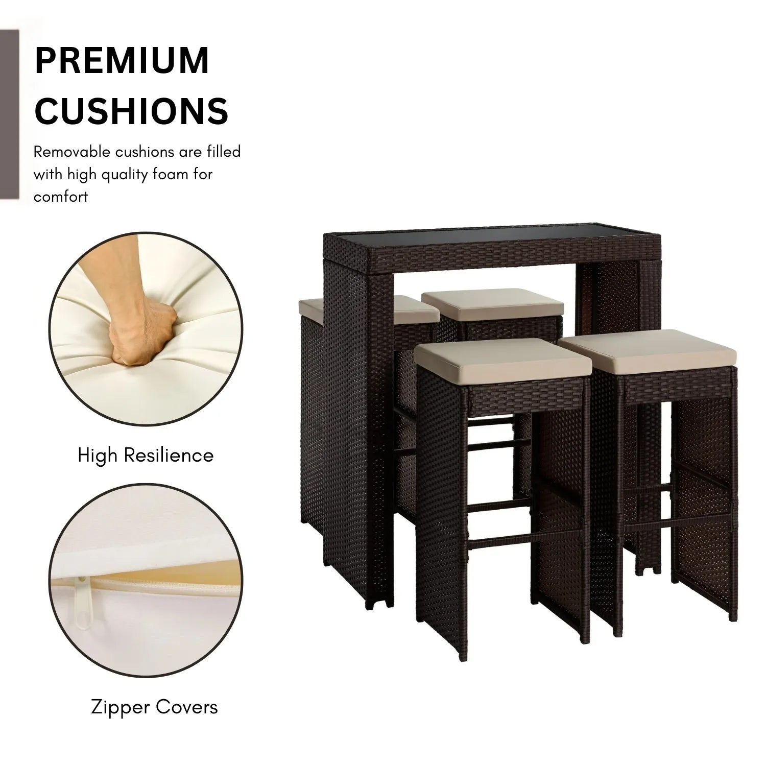 5-Piece Outdoor Rattan Wicker Bar Set with Glass Top Table