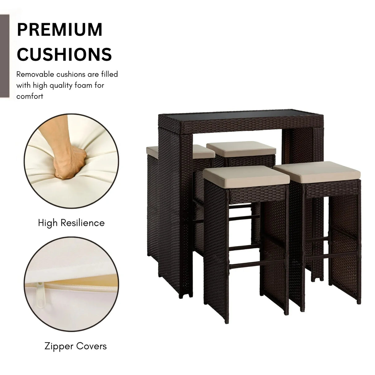 5-Piece Outdoor Rattan Wicker Bar Set with Glass Top Table