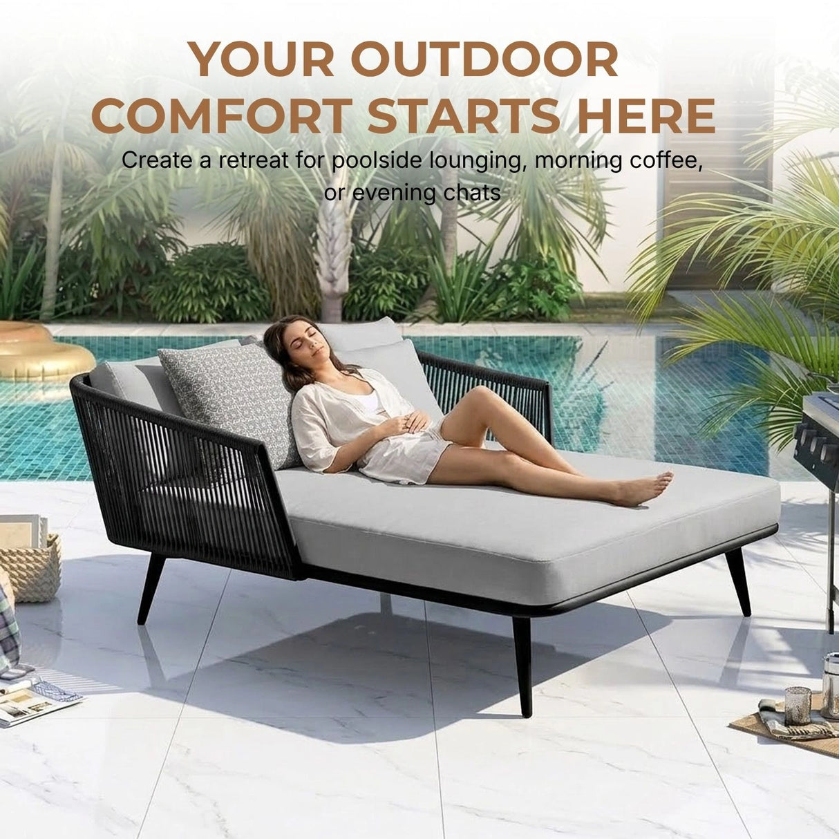 Outdoor Black Rope Patio Daybed with Comfortable Grey Cushion