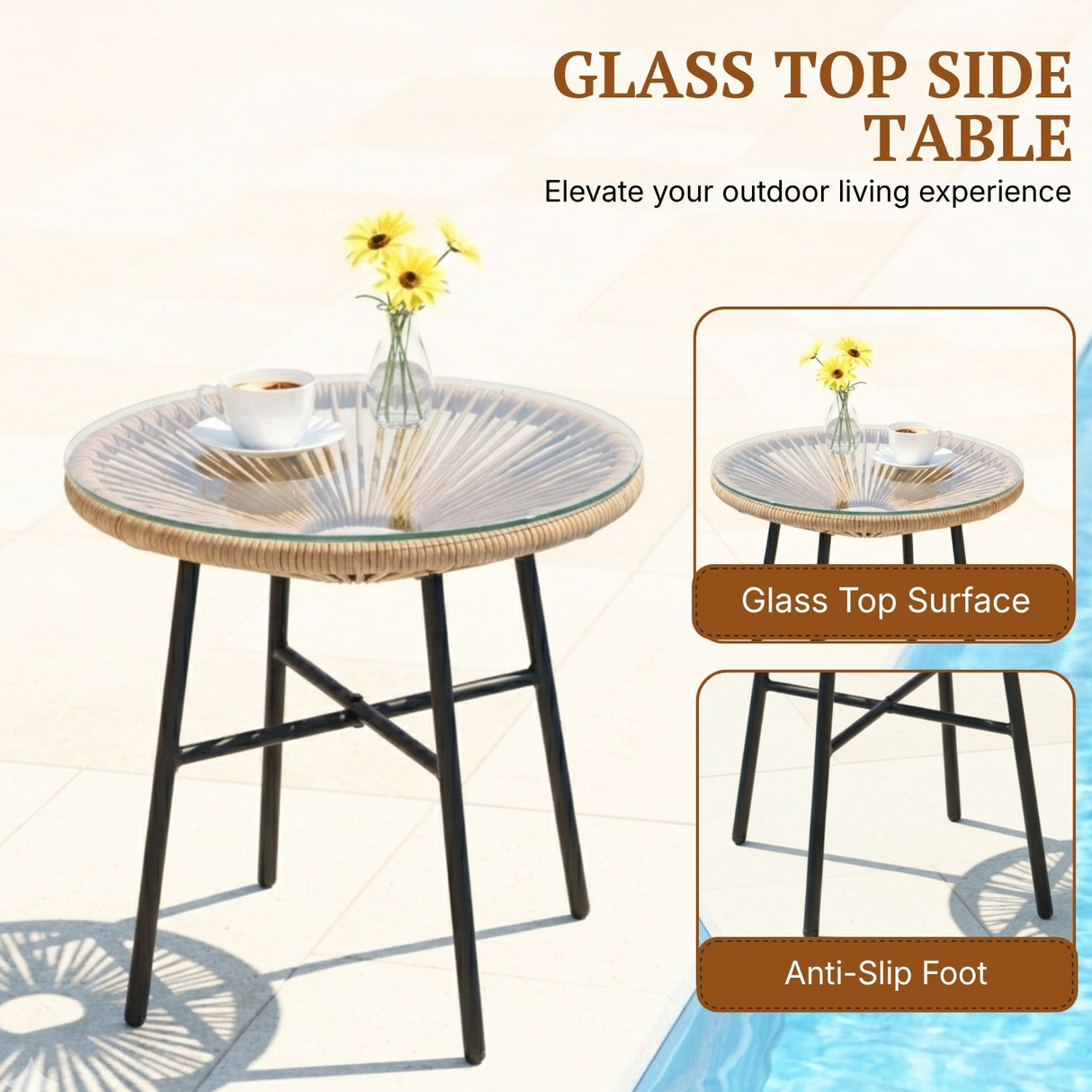 Outdoor Wicker Egg Chair with Glass Top Side Table (Beige & Cream)
