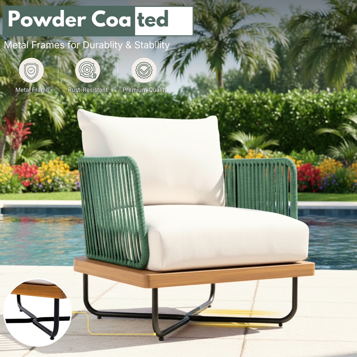 Outdoor Rope Sofa with Wooden Base (Green & White)