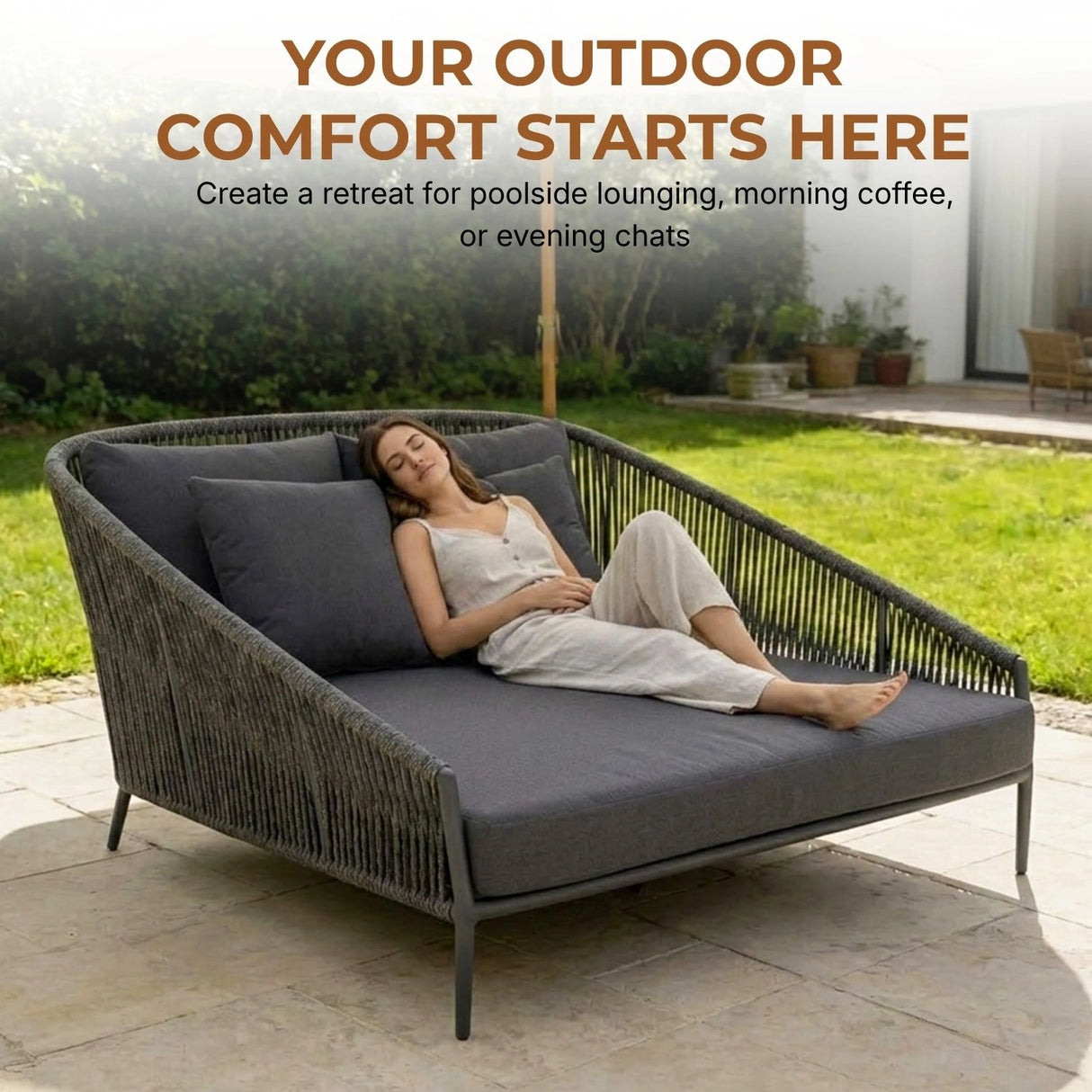 Outdoor Grey Rope Patio Daybed with Comfortable Dark Grey Cushion