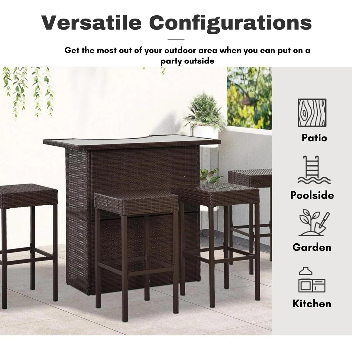 Outdoor Wicker 5-Piece Bar Set with Glass Top Table