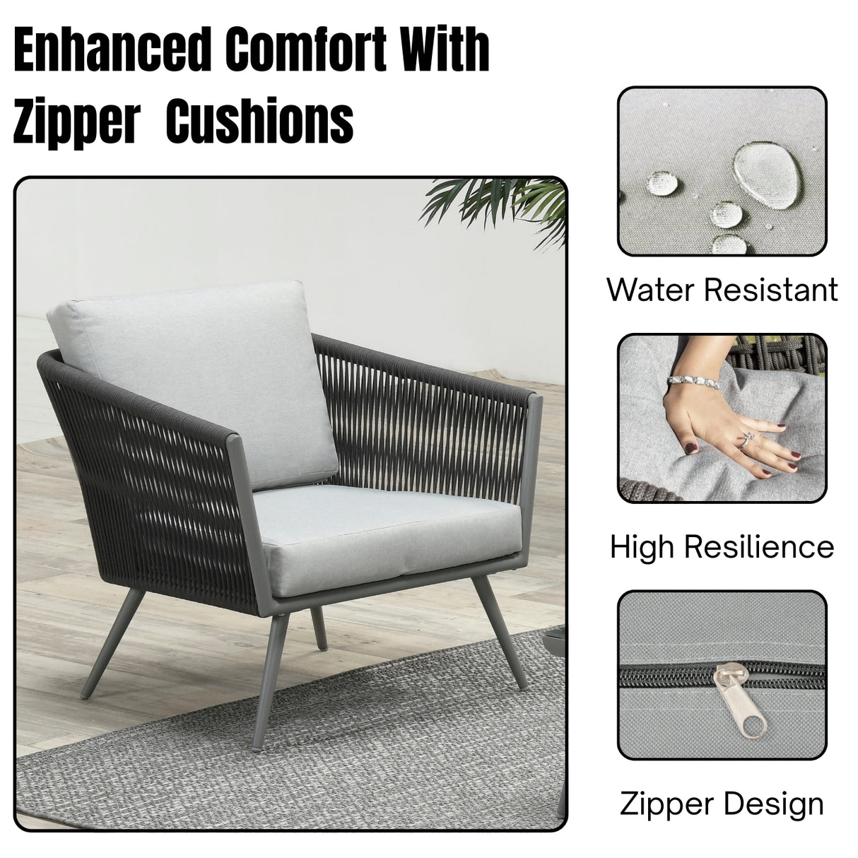 5-Seater Outdoor Rope Patio Sofa Set with Glass Top Tables (Black & Grey)