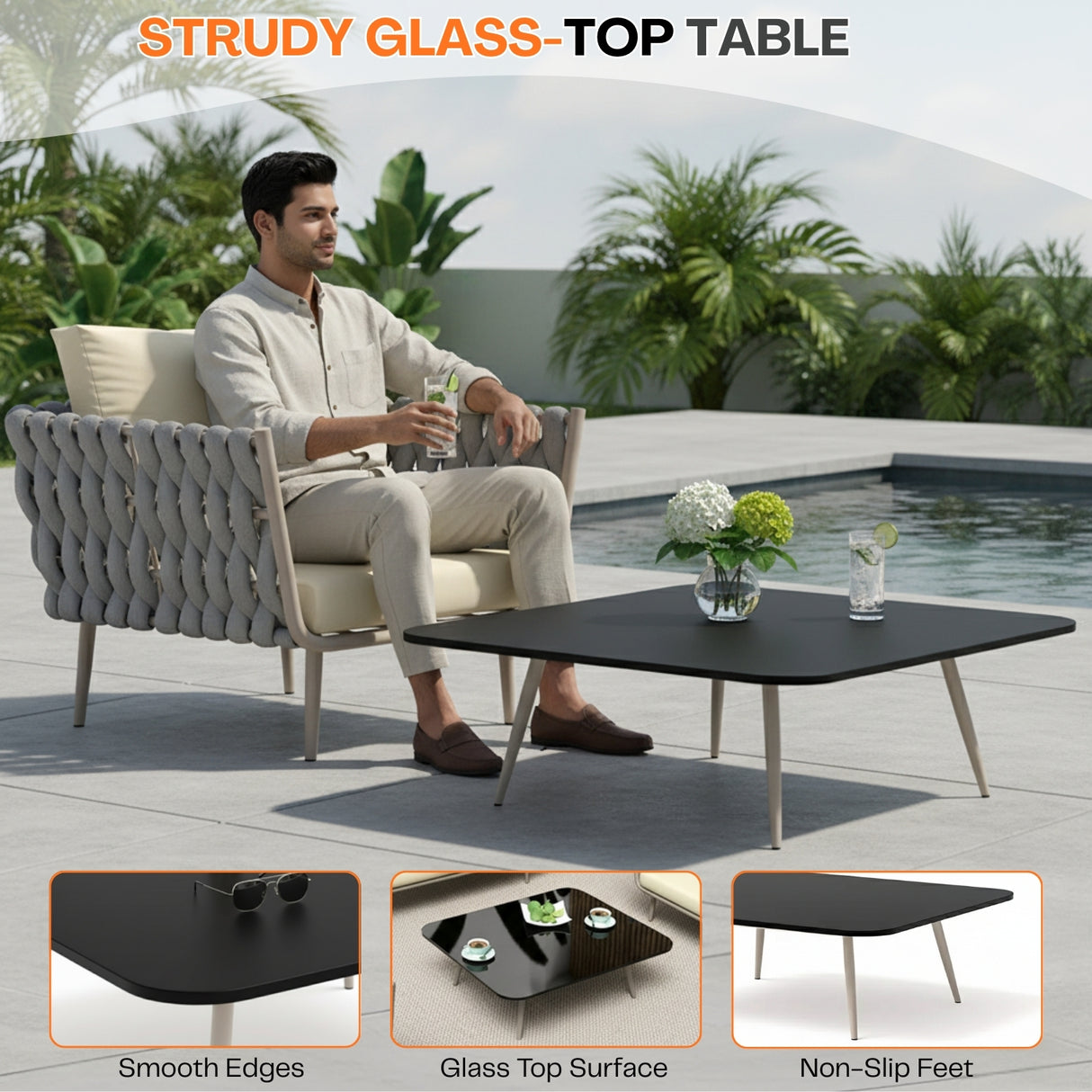 4-Piece Outdoor Rope Sofa Set With Glass Top Table (Grey & Cream)