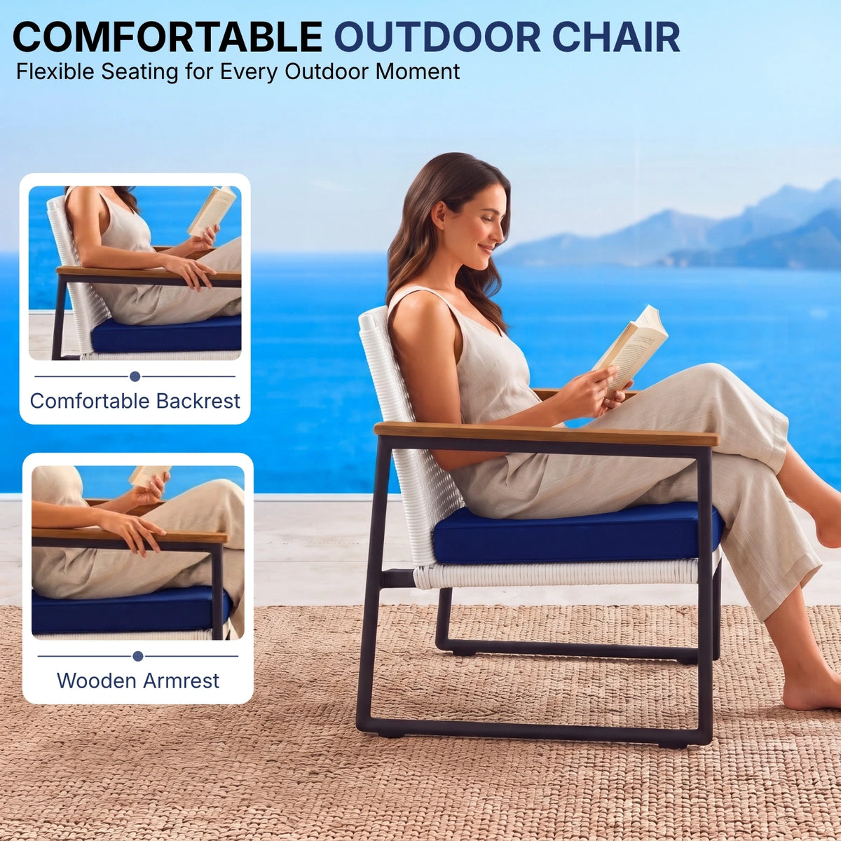 Outdoor 3-Piece Wicker Patio Set(White & Navy Blue)