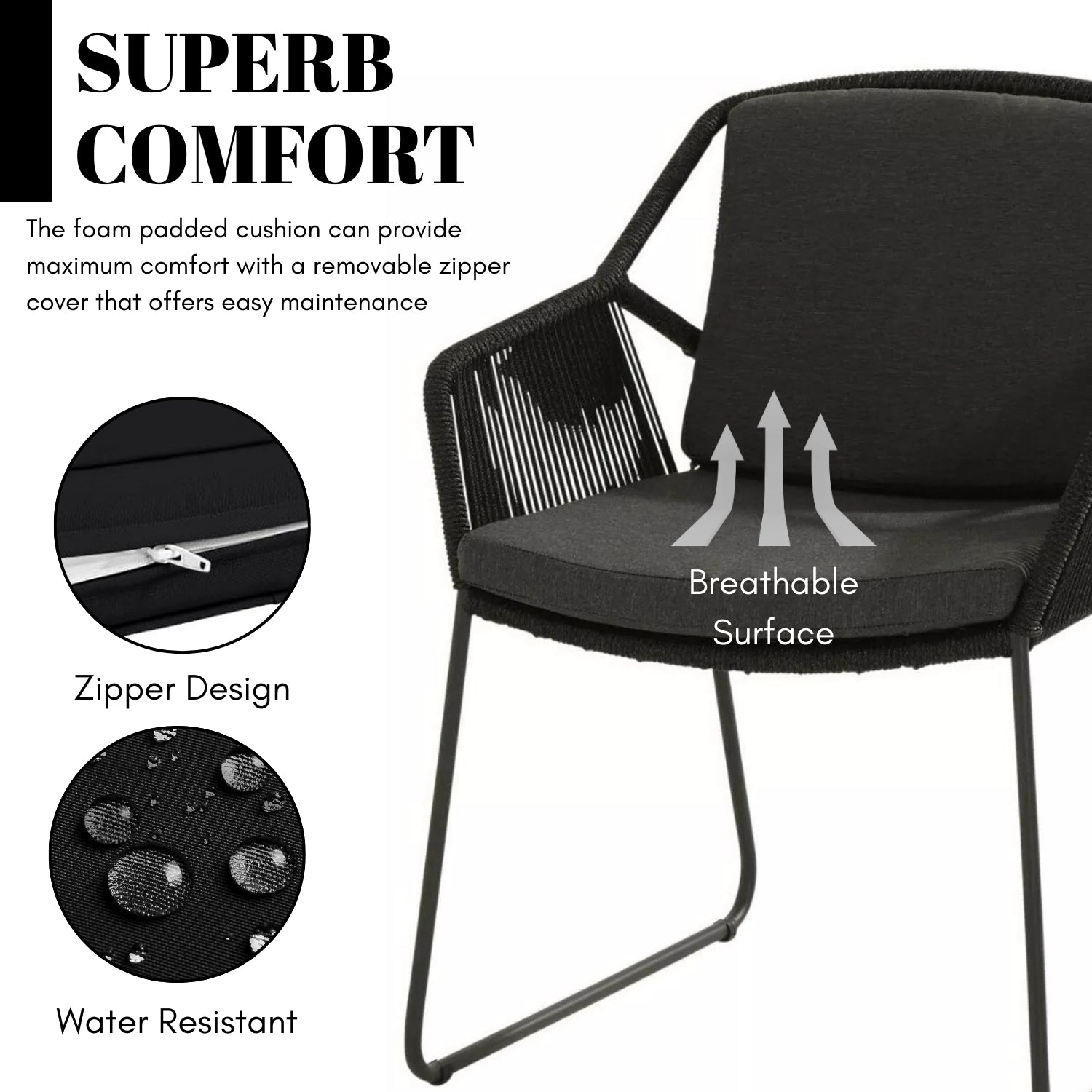 3 Piece Garden Outdoor Black Rope Patio Set